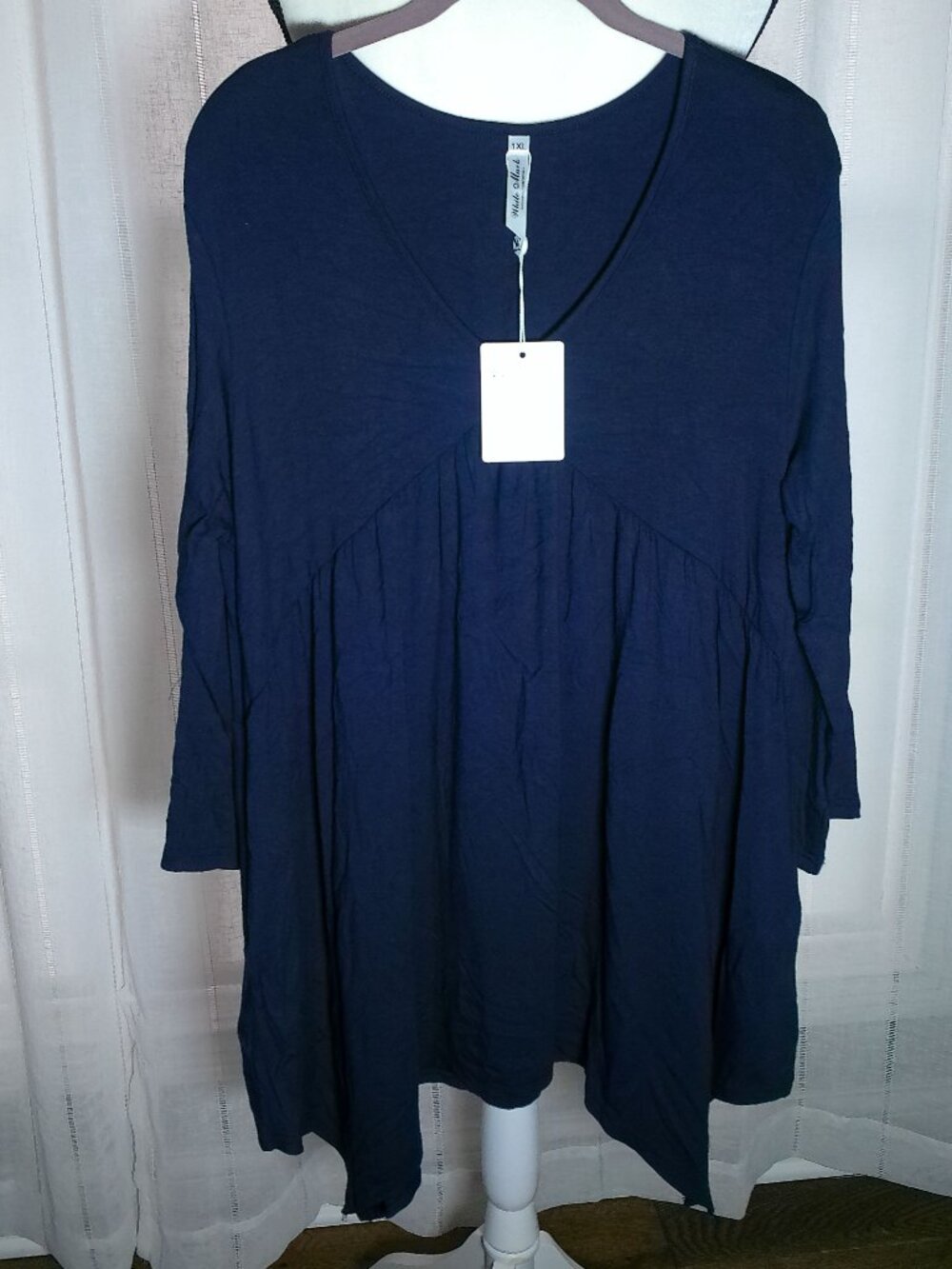 WHITE MARK  NWT 3/4 Sleeve V-Neck SharkBite Navy Blue Tunic Top 1XL